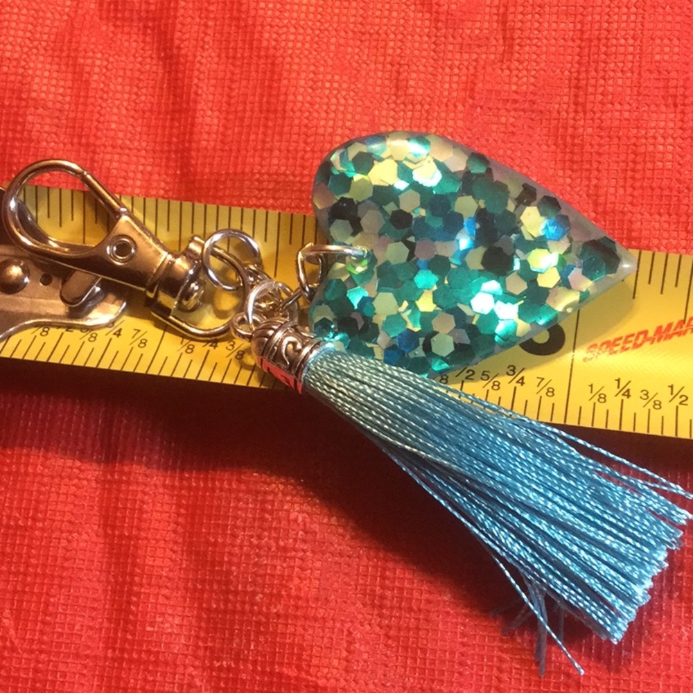 Blue glitter heart keychain with tassel